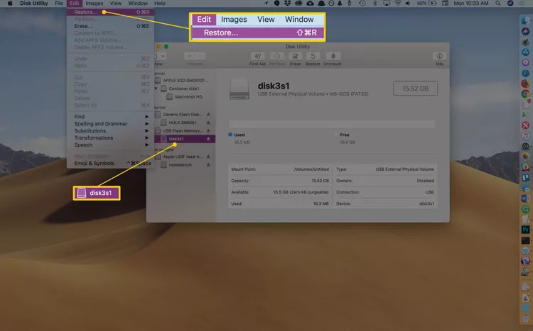 Select Restore from Disk Utility’s Edit menu