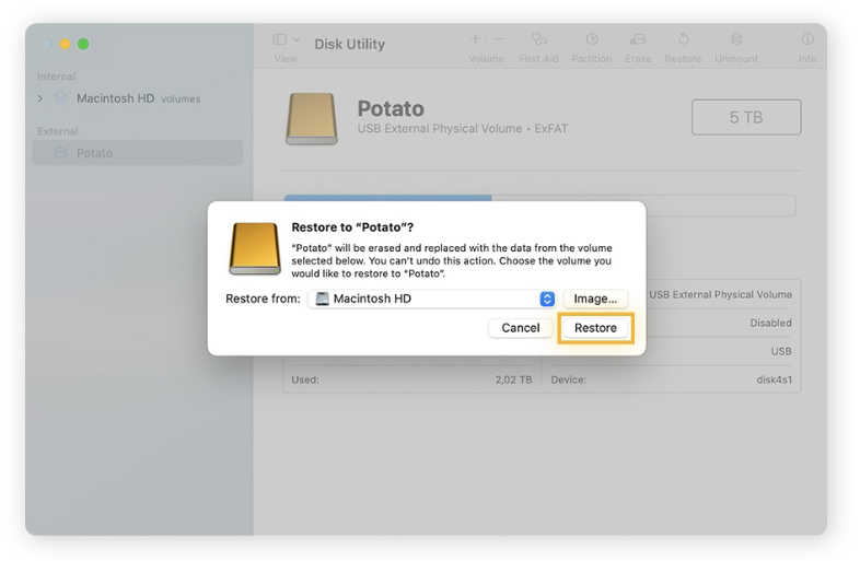 Click Restore to start cloning Mac hard drive