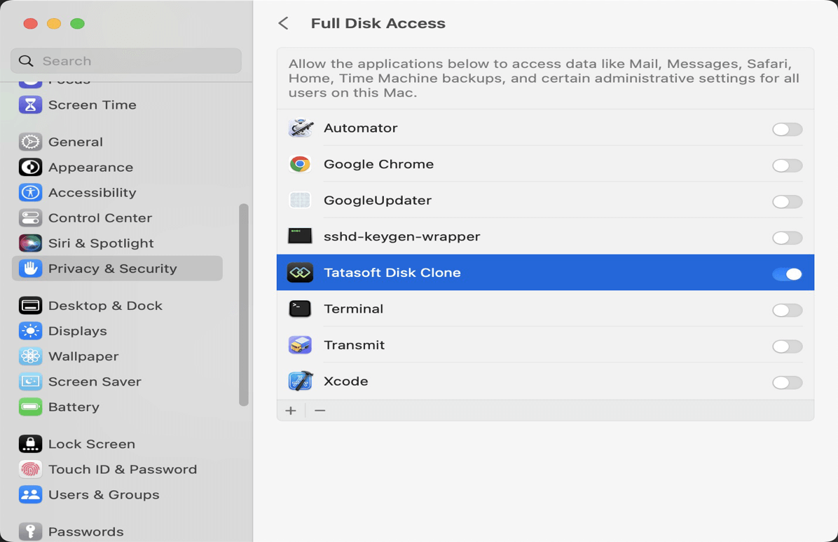 Grant Tatasoft full disk access