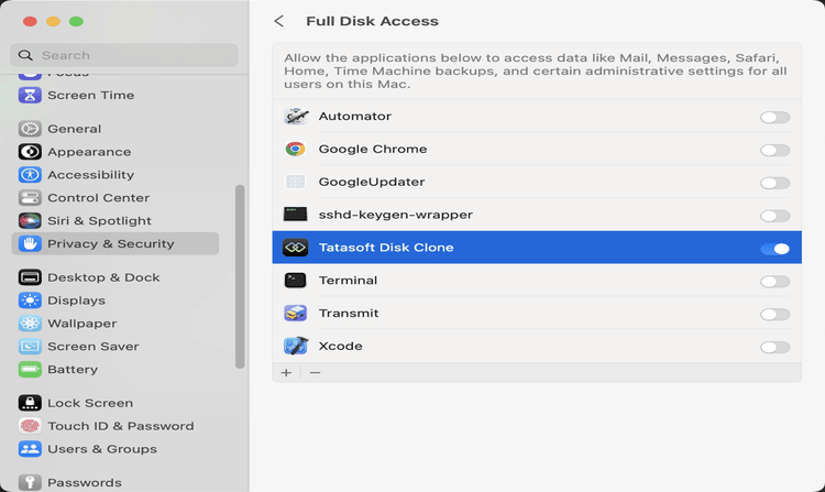 Enable Full Disk Access for Tatasoft Disk Clone