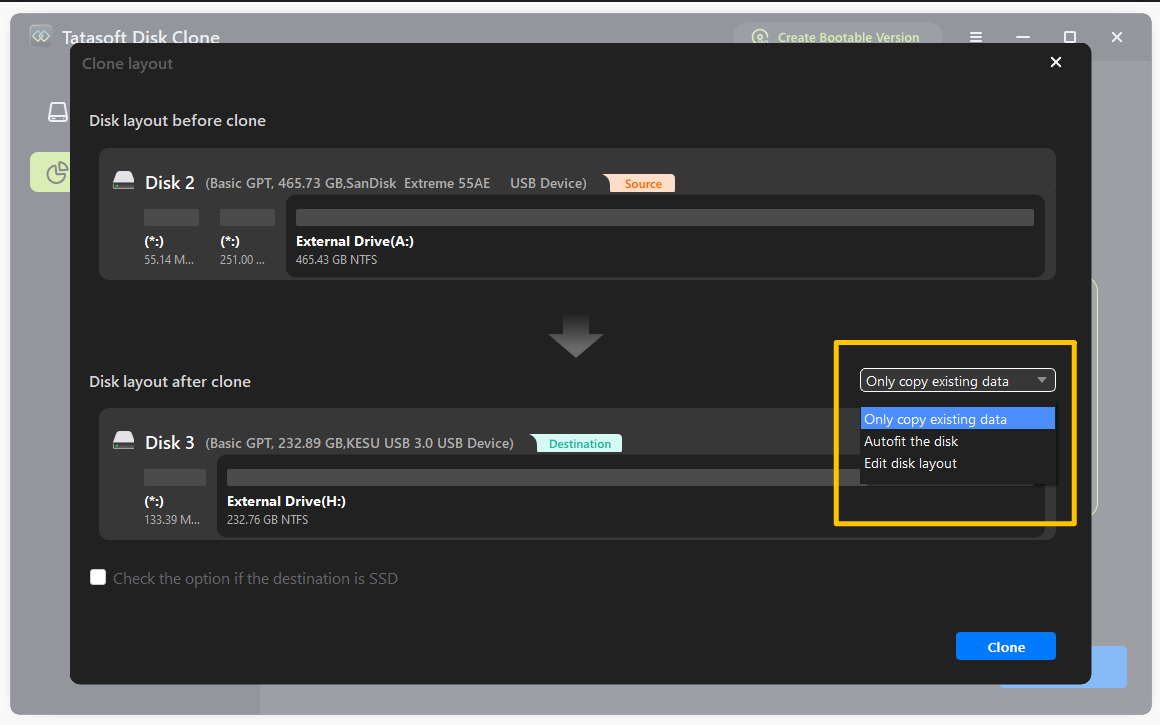 Edit disk layout on the target USB disk