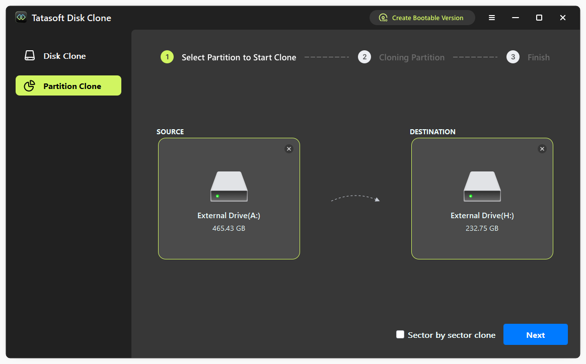 Choose the source and target partitions to copy