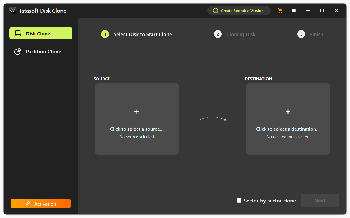 Select disk clone to migrate windows 10 to ssd