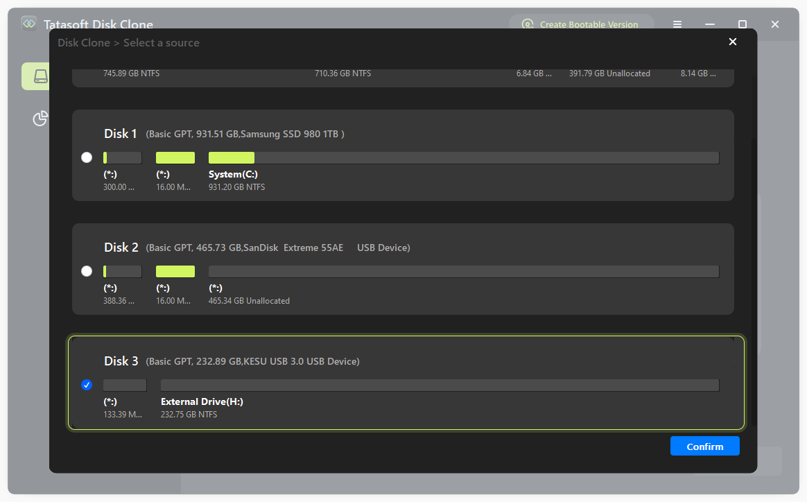 Choosing the source GPT disk to clone