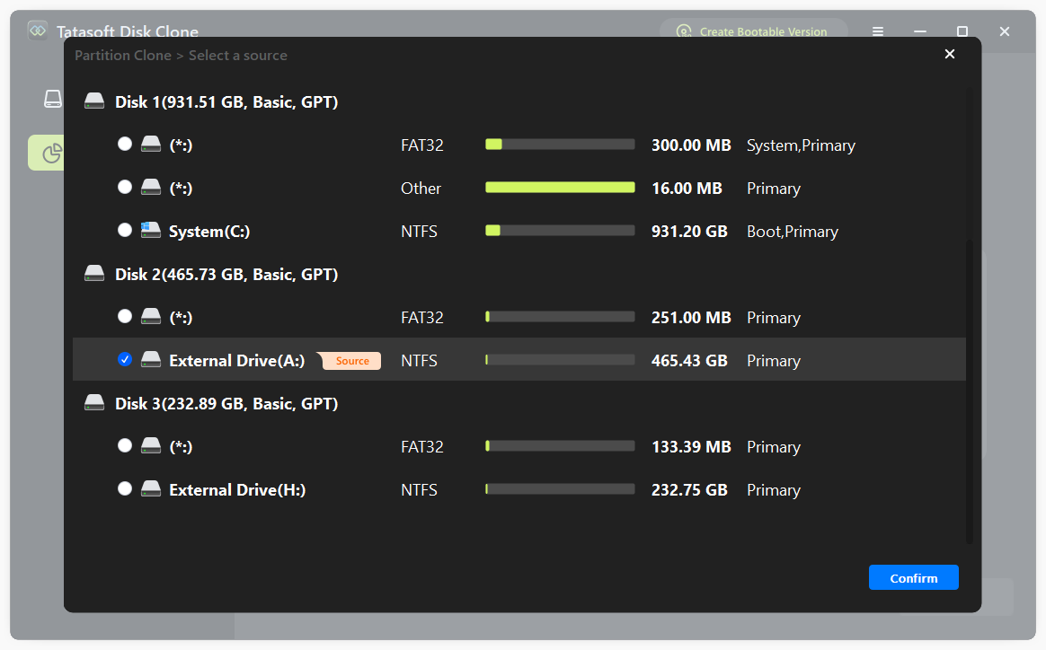 Select the NTFS drive as the source drive