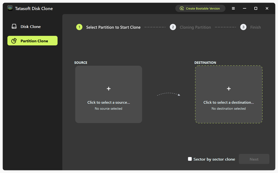 Select Partition Clone to copy an NTFS drive