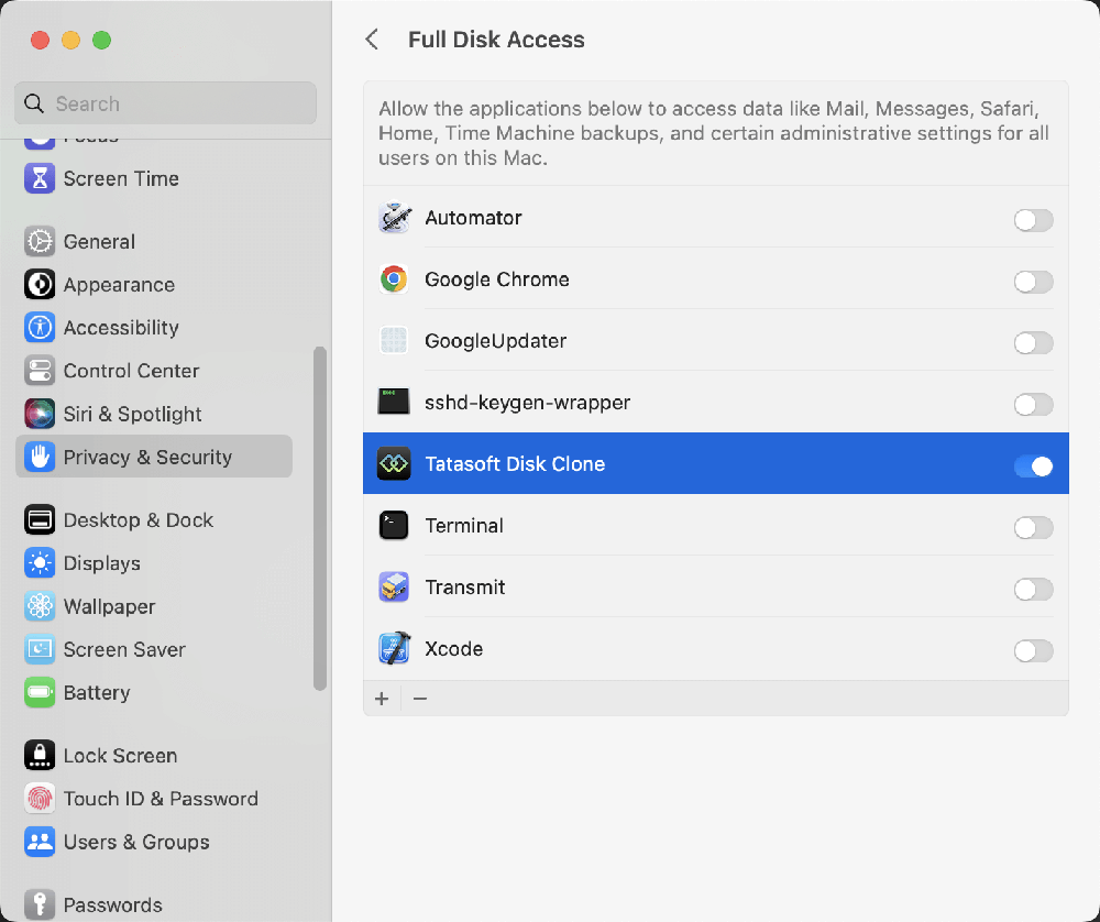 Get Full Disk Access on Mac to create a bootable clone