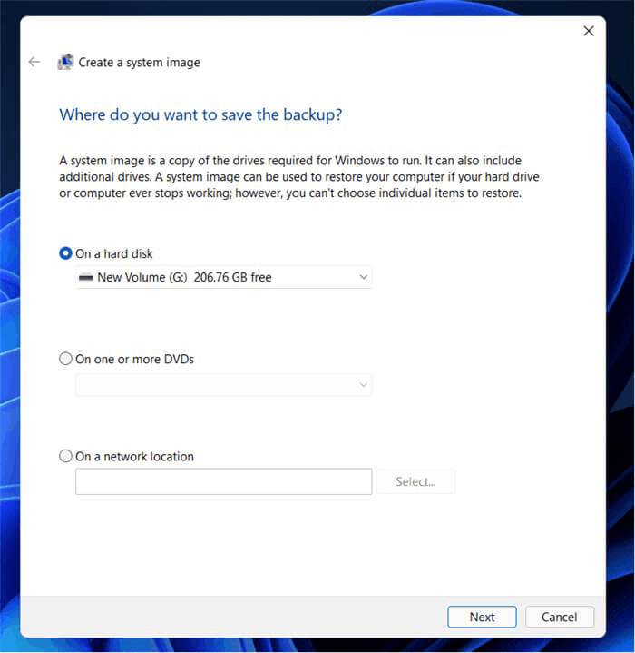 Choosing the destination for the system image backup