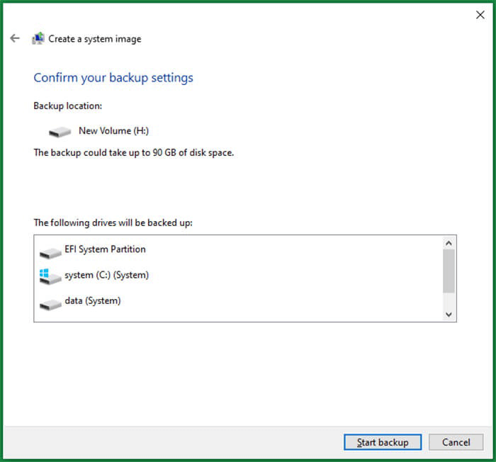 Confirm backup settings in the system image backup