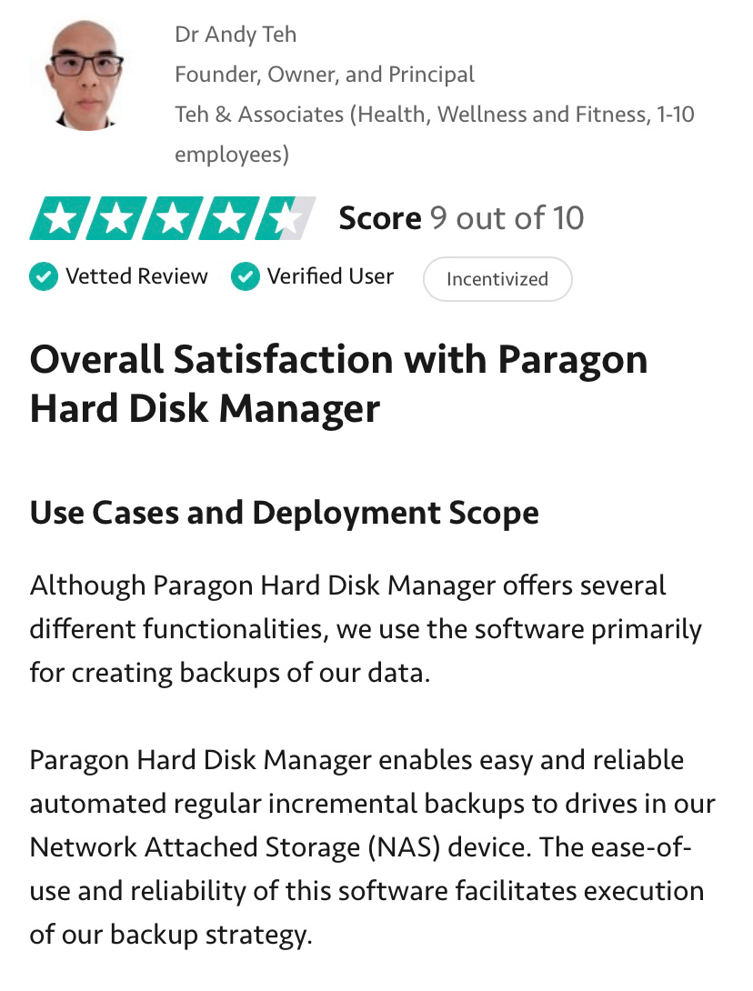 User review for Paragon Hard Disk Manager