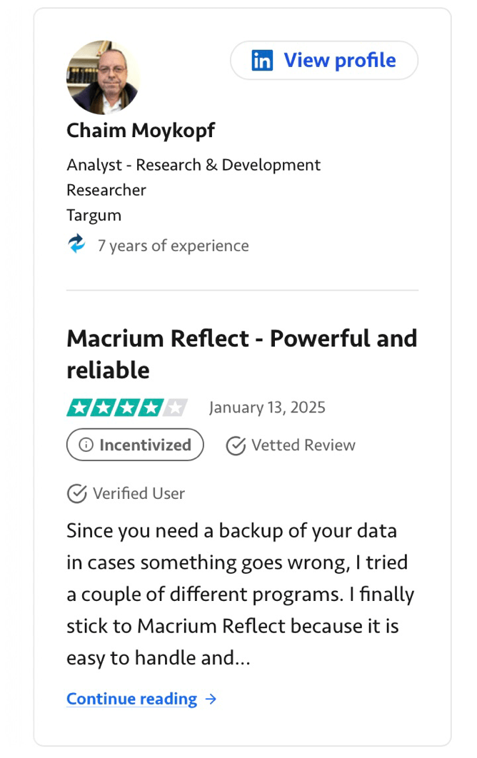 User review for Macrium Reflect