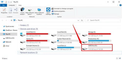 Select the source and destination USB in Windows File Explorer