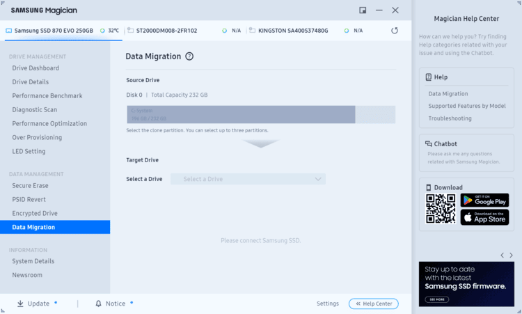 Select Samsung Data Migration to clone hard drive 