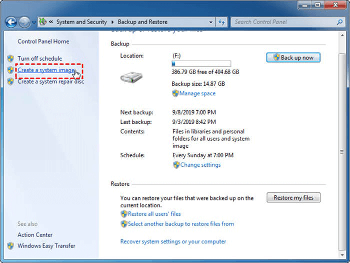 Create a system image in Backup and Restore